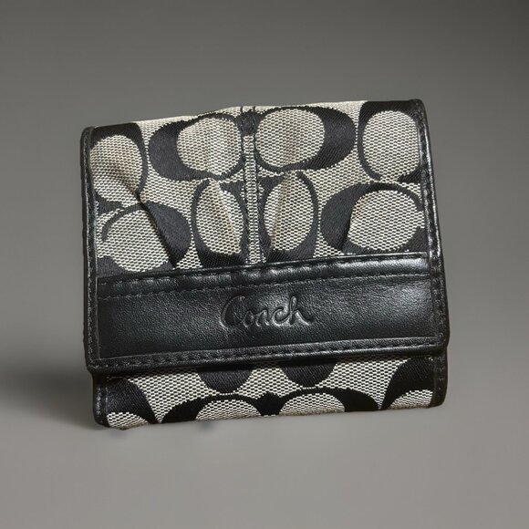 Coach Grey & Black Signature Pleated Snap Wallet, Bifold Pouch Leather Trim - Picture 1 of 6